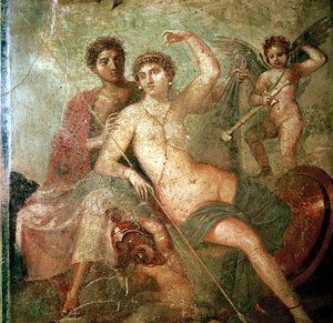 Pintura mural romana de Cupido, Venus y Marte, Pompeya, Italia