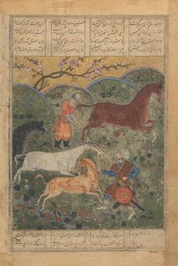 Rustam captura al caballo Rakhsh, folio de un Shahnama Libro de los Reyes, finales del siglo XV de Unbekannt