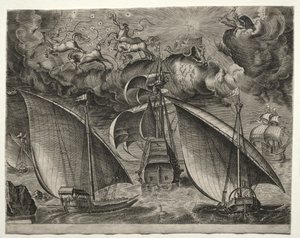 Embarcaciones a Vela: Dos Galeras Navegando Detrás de un Tres-Mástil Armado con Faetón..., 1561-65