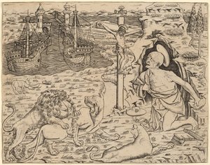 San Jerónimo en penitencia, con dos barcos en un puerto, c. 1480-1500 de Unbekannt