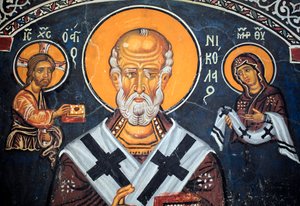 San Nicolás rodea a Cristo y María fresco bizantino del siglo XIV (1332) Nártex, pared sur Iglesia de la Virgen Phorbiotissa, sitio UNESCO Asinou región de Troodos, Chipre de Unbekannt