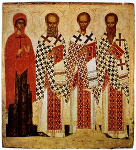 Santos Paraskeve, Gregorio el Teólogo, Juan Crisóstomo y Basilio el Grande, principios del siglo XV