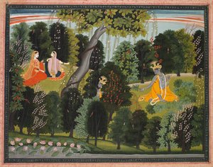 Sakhi persuade a Radha para encontrarse con Krishna, del Lambagraon Gita Govinda..., c. 1820-1825