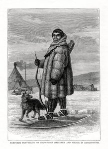 Samoyedo viajando con raquetas de nieve, Rusia, 1877