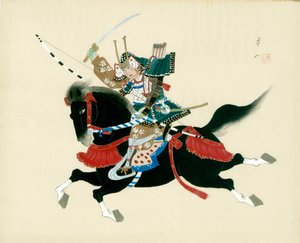 Guerrero Samurai montando un caballo. Una pintura japonesa en seda, en un estilo japonés tradicional de Unbekannt