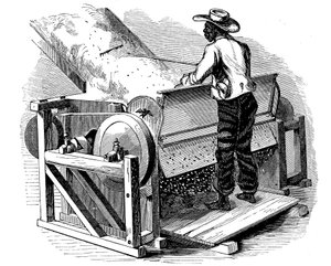 Desmotadora de algodón operada por un trabajador negro descalzo, sur de EE.UU., 1865 de Unbekannt