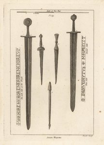 Armas sajonas: espada de hierro antigua 1,2, y dagas y puñales 3,4 encontrados en el río Wytham, Lincolnshire, y un virote de ballesta encontrado en el campamento en Danbury, Essex 5 de Unbekannt