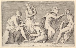 Escena de Sacrificio con Guerrero Matando a un Carnero y Cuatro Otras Figuras, publicada ca. 1599-1622 de Unbekannt