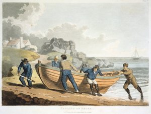 Marineros arrastrando un bote clinker-built a la orilla, 1821 de Unbekannt