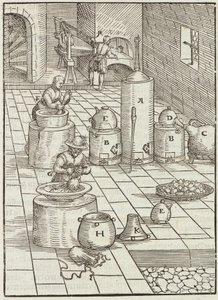 Separación de minerales de oro y mercurio - Grabado extraído de Descripción de los minerales y los principales métodos de explotación minera, de Lazarus Ecker de Unbekannt
