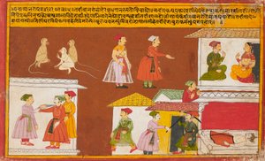 Sirviente protegiendo la casa donde yace muerto un rey, de un manuscrito Pancha Tantra, mediados del siglo XVIII