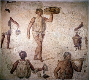 Sirvientes o esclavos haciendo preparativos para un banquete, mosaico, Cartago, siglo II