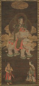 Tríada de Shakyamuni: Buda acompañado por Manjushri y Samantabhadra Bodhisattva con elefante