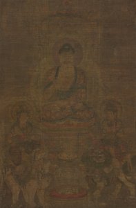 Tríada de Shakyamuni: Buda acompañado por Manjushri y Samantabhadra, c. 900 de Unbekannt
