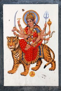 Sherawali, o Jagadamba. La gente en el norte de India canta en su alabanza como Jai Mata di, ella es la misma Durga o Shakti.