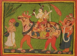 Shiva y Parvati en una vaca compuesta de mujeres ensambladas