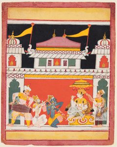 Shri Raga, de una serie de Ragamala, Tres músicos actúan ante un noble, c. 1650 de Unbekannt