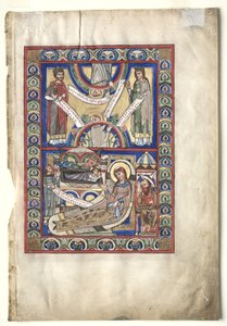 Hoja única extraída de un libro de evangelios: La Natividad recto y San Mateo verso, c. 1190 de Unbekannt