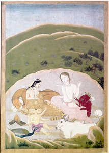 Siva y Parvati con sus hijos, Ganesh y Karttikgya en el Monte Kailash, c. 1745