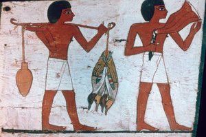 Esclavos llevando ofrendas a Osiris, Sarcófago de La Dama de Madja, XVIII Dinastía de Unbekannt