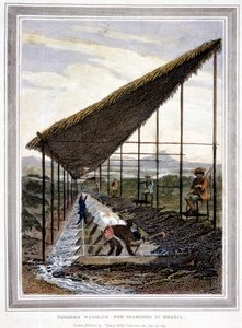 Esclavos lavando diamantes vigilados por supervisores con látigos, Brasil, 1815 de Unbekannt