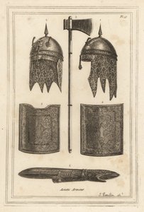 Casco con capucha de cota de malla de Souja Dowla, hacha de batalla, peto y espaldar, y armadura de brazo de Unbekannt