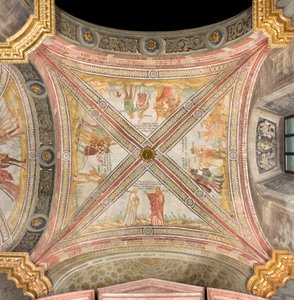 Transepto sur primer tramo este, Jacob envía al hijo de José al pasto, Complot de los hermanos para atrapar a José, Rubén sugiere que lo arrojen al pozo, José vendido a los mercaderes, Catedral de Santa María Assunta, Duomo, Cremona, Lombardía, Italia (fot