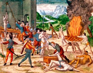 Conquistadores españoles torturando a indios americanos, 1539-1542
