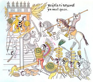 Conquistadores españoles con sus aliados nativos tlaxcaltecas atacando un templo azteca, siglo XVI de Unbekannt