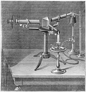 Aparato espectroscópico utilizado por Robert Wilhelm Bunsen y Gustav Robert Kirchhoff, c. 1895 de Unbekannt