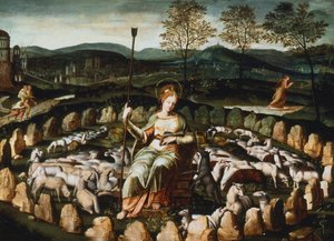 Santa Genoveva cuidando sus ovejas, siglo XVI de Unbekannt