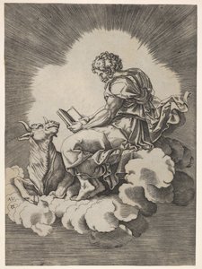 San Lucas, sentado en una nube con un libro abierto en ambas manos, un toro acostado a sus pies, después de 1518 de Unbekannt