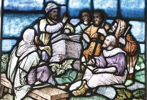 Vidriera: Abraham estudiando la Torá con el pueblo de Israel, Budapest, Hungría