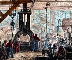 Martillo de vapor siendo utilizado en una fábrica de hierro, Francia, 1867