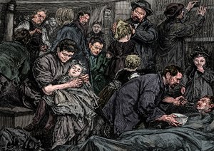 Pasajeros de tercera clase en un vapor atlántico rumbo a América, c. 1850 de Unbekannt