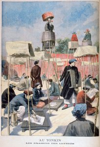 Estudiantes sentados en un examen de escritura, Tonkin, Vietnam, 1895