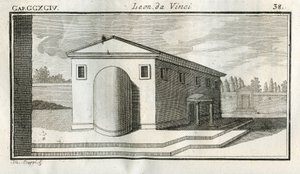 Estudios sobre la superposición de edificios. “Cuando los cuerpos de superficie convexa terminan sobre otros cuerpos de igual color, el término del convexo aparecerá más oscuro.” Grabado de “Tratado de la pintura” de Leonardo da Vinci (1452-1519) de Unbekannt