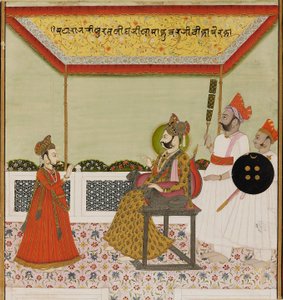 Surat Singh se sienta en un trono con brazos de león y recibe a su hijo joven, c1800 de Unbekannt