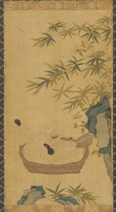 Tapiz: palomas bañándose en un cuenco, rocas y bambúes, posiblemente dinastía Ming, 1368-1644 de Unbekannt