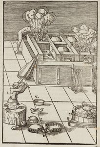 Técnica e instrumentos para calentar el mineral de plata - Grabado extraído de Descripción de los minerales y los principales métodos de explotación minera, de Lazarus Ecker