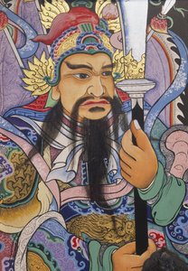 Tailandia, Bangkok, templo Wat Pho, pintura colorida del siglo XVII de soldado chino