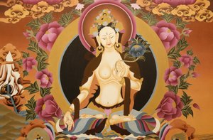 Thangka que representa a la diosa Tara Blanca, símbolo budista de larga vida, Bhaktapur, Nepal