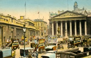 El Banco de Inglaterra y la Bolsa Real, Londres, c. 1910 de Unbekannt