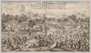 La batalla en Elei Zhalatu: de Escenas de Batalla de la Represión de Rebeliones...c. 1765-1774 de Unbekannt