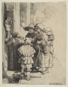 El ciego tocador de zanfoña y su familia recibiendo limosnas
