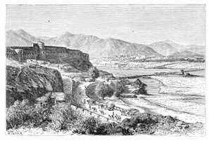 La ciudadela de Attock y un puente de barcos sobre el Indo, Pakistán, 1895