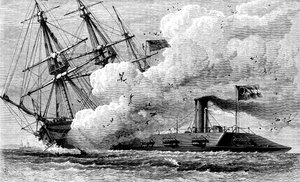 El acorazado confederado Merrimac hundiendo el USS Cumberland, 1862 c1880 de Unbekannt