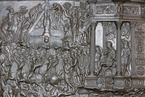 La Crucifixión de San Pedro - Detalle de un portal - Puerta de entrada principal de la Basílica de San Pedro, Roma, Italia de Unbekannt