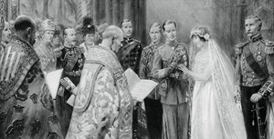 El Duque de York colocando el anillo en el dedo de Lady Elizabeth Bowes-Lyon, 26 de abril de 1923 de Unbekannt