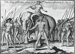 El Rey de Cochin montando en un elefante, acompañado por sus Nayros, c1745 de Unbekannt